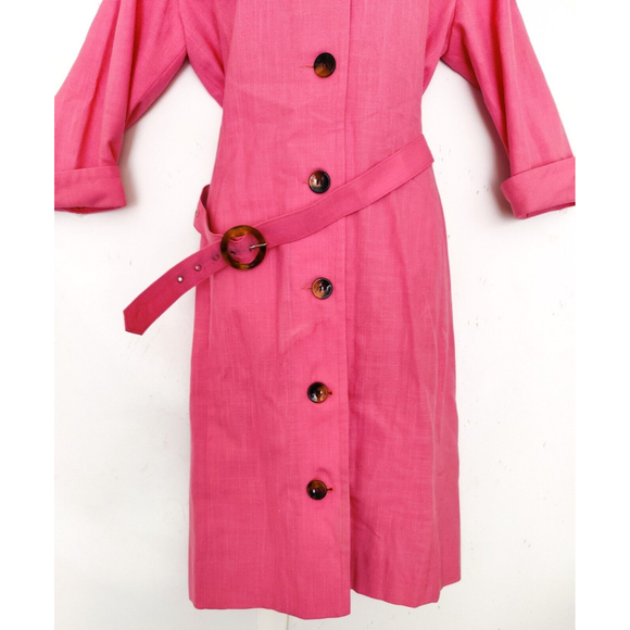 Vintage HENRY LEE 1970's LINEN SHIRT DRESS Belted Buttons Hot Pink SZ Med - Picture 4 of 8